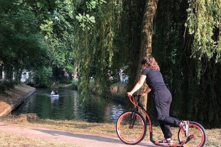 a man riding a bicycle next to a tree